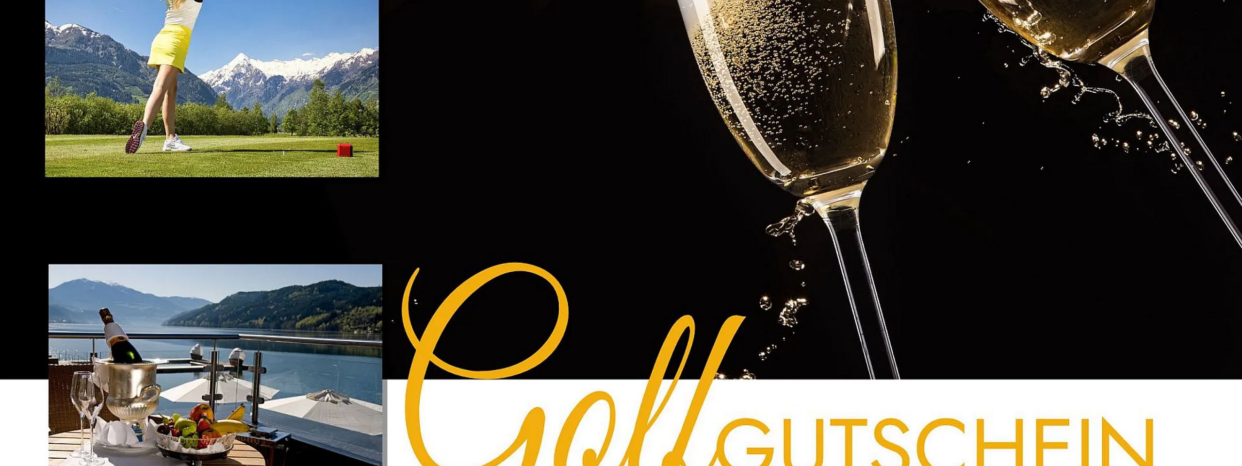 Montage von Bildern: Ein malerisches Bergpanorama und ein luxuriöser Drink auf einer Terrasse. "Golf Gutschein" in eleganten Buchstaben erkennbar.