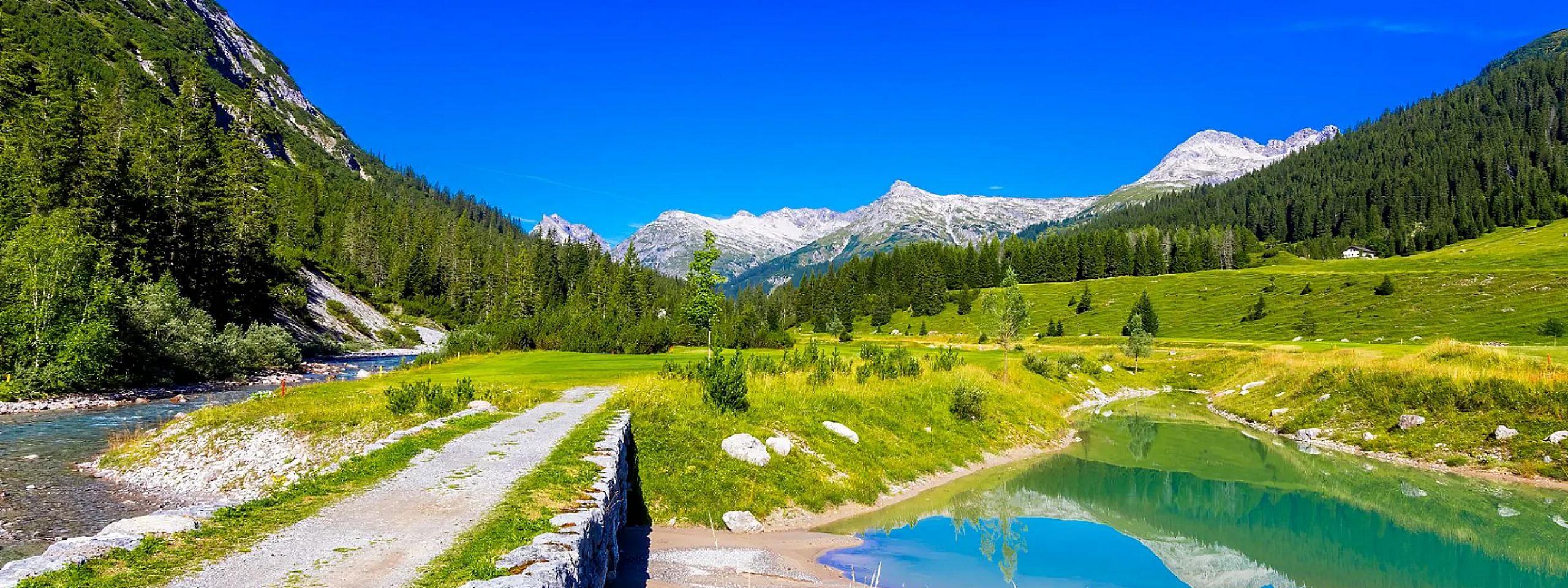 Ein klarer Bergsee auf einer Almwiese, umgeben von Pinienwäldern und majestätischen Bergen unter einem strahlend blauen Himmel.