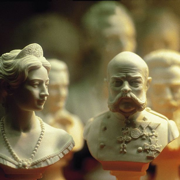 Porcelain figurines of historical figures with detailed clothing and serious expressions, set against a blurred background.