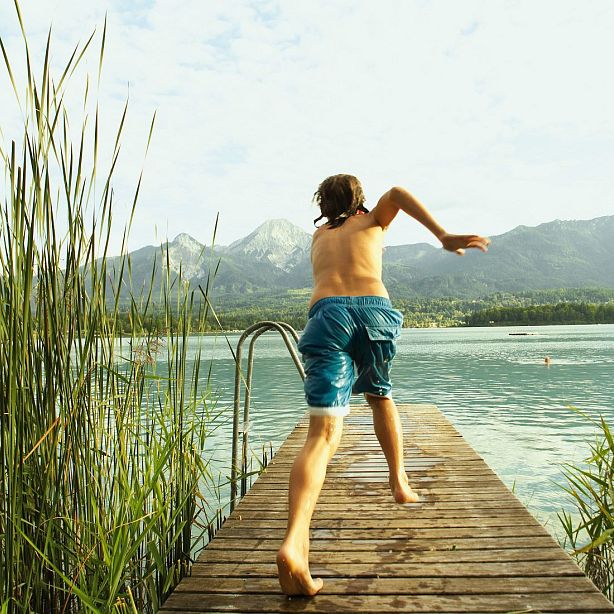 Boy in blue shorts jumps off a dock into a lake, surrounded by tall reeds, with mountains in the distance under a clear sky.