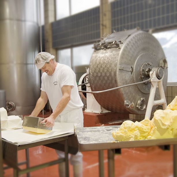 Ein Mann in Arbeitskleidung formt Butter in einer Molkerei. Im Hintergrund steht eine große Maschine zur Butterverarbeitung. Neben ihm liegt viel frische Butter.