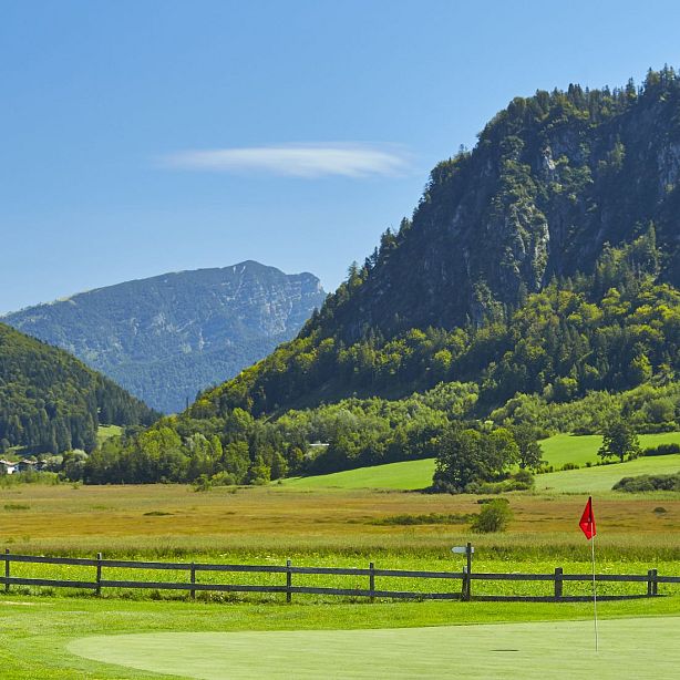 Landschaft mit grüner Wiese, bewaldeten Hügeln und einem deutlichen roten Markierungszeichen im Vordergrund. Blauer Himmel und Berge im Hintergrund.