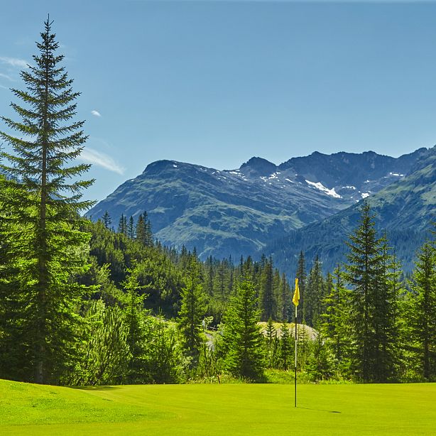 Grüne Golfplatzlandschaft mit hohen Tannen im Vordergrund und einer majestätischen Bergkette im Hintergrund unter klarem, blauem Himmel.