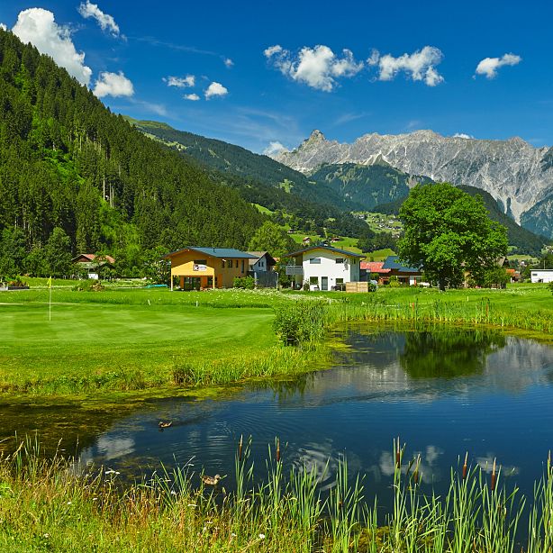 Ein malerisches Landschaftsbild mit einem kleinen Teich im Vordergrund, umgeben von grünen Wiesen und Bäumen. Im Hintergrund sind Berge und ein klarer blauer Himmel zu sehen.