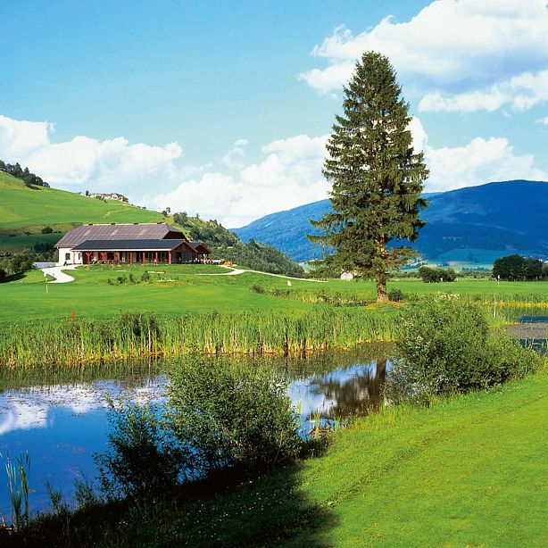 Landschaft mit einem kleinen See im Vordergrund, einer großen, einzeln stehenden Tanne und einem Bauernhaus im Hintergrund vor einer Hügelkulisse.