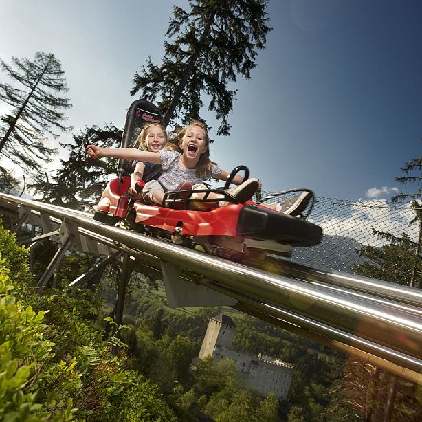Two kids enjoying a thrilling ride on a mountain coaster, with trees and a clear blue sky in the background. They appear excited and happy.