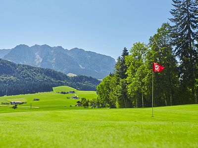 A bright golf course with green lawns, tall trees, distant mountains, and a red flag marking a hole on a sunny day.