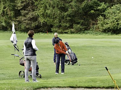 People playing golf on a green course with trees. One person prepares to swing while others watch. Golf bags and trolleys visible.