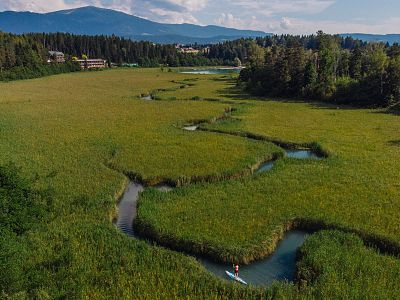 A winding river through lush marshlands with a paddleboarder, dense greenery, and distant mountains under a partly cloudy sky.