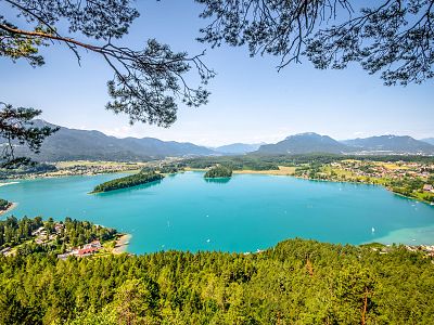 A scenic view of a turquoise lake encircled by forested mountains, clear blue skies, and distant hills, framed by tree branches in the foreground.