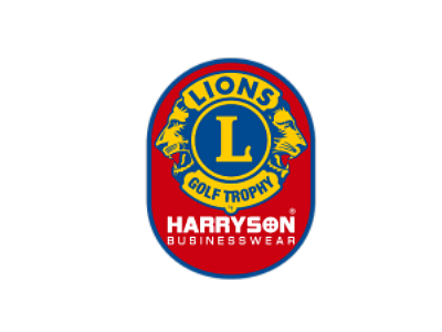 Logo der Lions Golf Trophy mit dem markanten Lions-Emblem und dem Schriftzug "Harryson Businesswear" auf rotem Hintergrund.