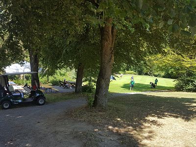 Golfers walking towards a green under shady trees on a sunny day, with a golf cart nearby.