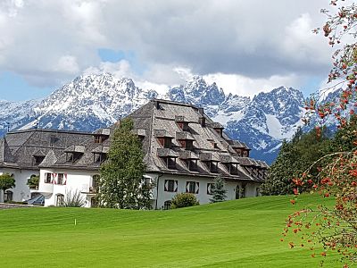 Chalet-style building on green meadow with snow-capped mountains behind and red berry tree on the side under a cloudy sky.
