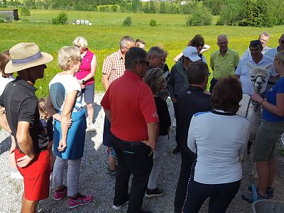 A group of people stands in a circle outdoors, engaged in conversation. The setting is grassy and sunny, suggesting a casual, social gathering.