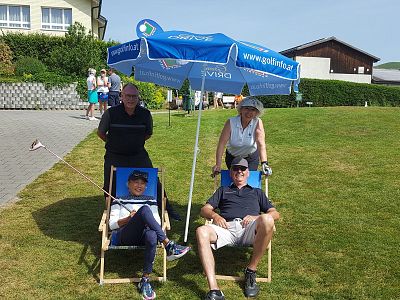 People sitting and standing on a sunny golf course, with umbrellas providing shade, enjoying a leisurely day. In the background, a building and a house are visible.