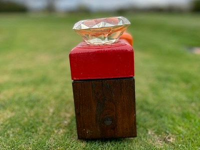Wooden block with red top and glass dish on grass, possibly part of a game.