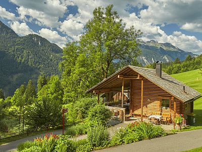 A wooden cabin surrounded by lush greenery and mountains under a blue sky, creating a peaceful and serene outdoor scene.