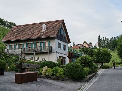 A charming house with a sloped roof near a vineyard, surrounded by greenery and a road leading past it on a cloudy day.