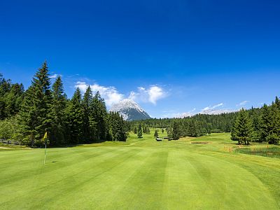 A picturesque golf course with green fairways, surrounded by dense forests and a distant snowy mountain under a clear blue sky.