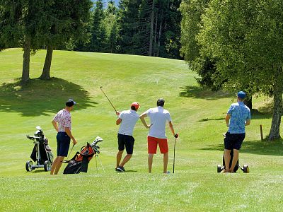 Four men in casual sportswear play golf on a sunny course surrounded by green trees, with one swinging a club, two watching, and one on a segway.