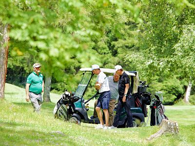 Three people on a golf course, with two near a golf cart under trees, on a sunny day, dressed in casual attire, surrounded by greenery and trees.