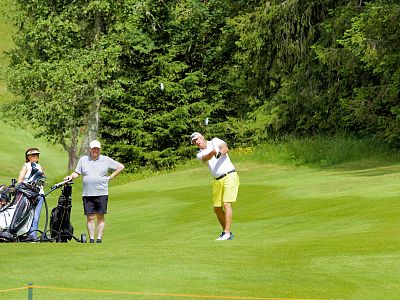 Two people watch as a golfer prepares to swing on a lush green golf course surrounded by trees.