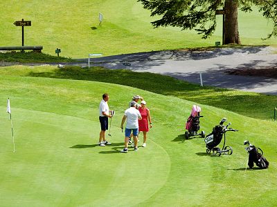 Four people standing on a golf course, chatting beside golf bags and carts. Lush grass and trees surround the area, creating a peaceful atmosphere.