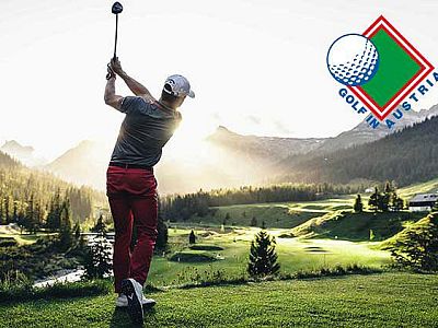 Golfer takes a swing on a lush course with mountains in the background, promoting golf in Austria with a sunny sky and vibrant landscape.