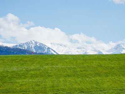 Lush green meadow stretches out with snow-covered mountains in the distance, under a bright blue sky dotted with light fluffy clouds.