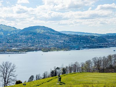 Scenic view of a lake with surrounding hills and a town, under a partly cloudy sky. Green foreground with trees and grass enhances the serene atmosphere.