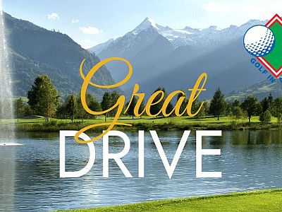 A picturesque golf poster with mountains, a lake, and trees. The text 'Great Drive' is prominent, with a golf logo in the corner.