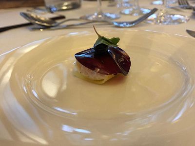 A gourmet dish with a grape slice and herb garnish presented on a minimalist white plate, highlighting creative plating under ambient restaurant lighting.