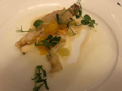 A gourmet dish with seafood, citrus, and greens on creamy sauce, presented artfully on a white plate.