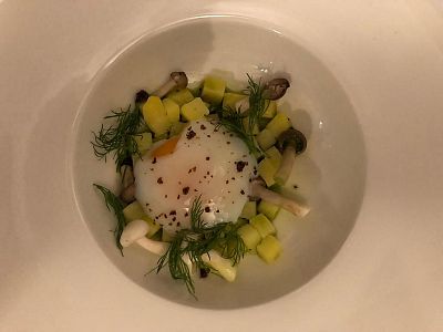A white plate with a poached egg, diced vegetables, mushrooms, and herbs artfully arranged in a circular pattern.