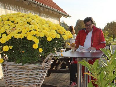 Man in red jacket reads newspaper at outdoor table near large basket of yellow flowers, set against a sunny autumn landscape with leafy background.