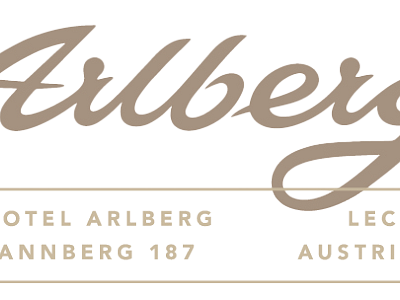 Logo with cursive 'Arlberg', plus details: 'Hotel Arlberg, Tannberg 187, Lech, Austria'. Beige text on black background, elegant and formal design.