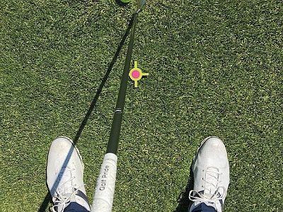 Aerial view of golf player's shoes and club on green grass, with a red target marker on the ground.