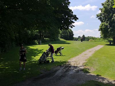 Golfers playing on a sunny day, trees casting shadows on the lush green course under a clear blue sky.