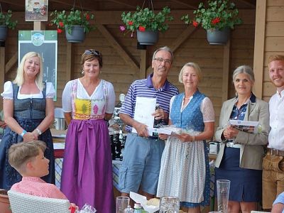 A group of six adults standing in an outdoor setting, with some wearing traditional Bavarian clothes, holding certificates in a festive atmosphere.