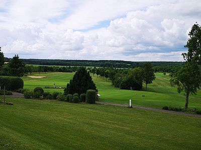 A golf course with vibrant green grass, scattered trees, and a partly cloudy sky in the background, presenting a serene outdoor scene.