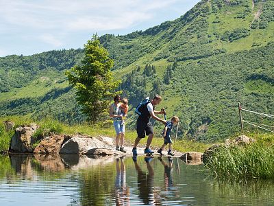 A family hikes along rocks by a lake, surrounded by lush green mountains. The tranquil scene captures a moment of adventure and nature enjoyment.