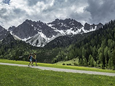 Two hikers on a path in a lush green landscape with snow-capped mountains and cloudy sky.