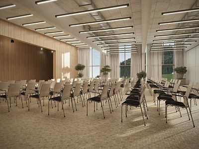 A modern conference room with rows of empty chairs facing a wooden stage, large windows, and potted plants, illuminated by natural light.