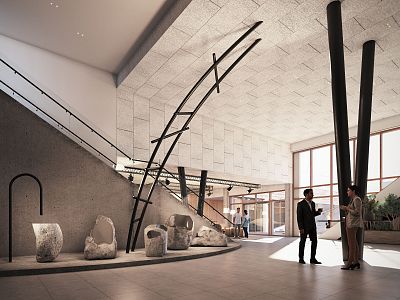 A modern interior space with high ceilings and contemporary sculptures. Two people stand near tall windows, conversing. The floor is open and spacious.