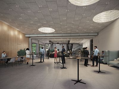 A spacious, modern conference room with people networking. The room has minimalist decor, round lights on the ceiling, and neutral color tones.