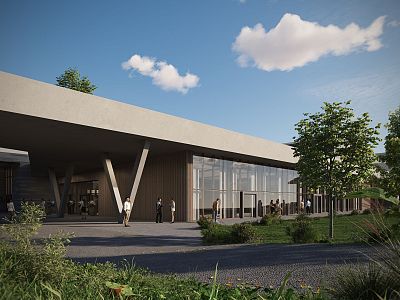 Modern building with angular design, large glass windows, trees and people, under a blue sky with clouds.
