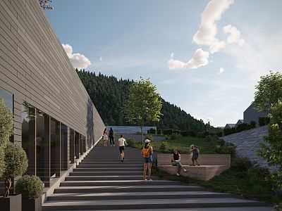 A modern hillside path with steps, people walking and sitting, trees and clouds in the sky, surrounded by greenery and hills.