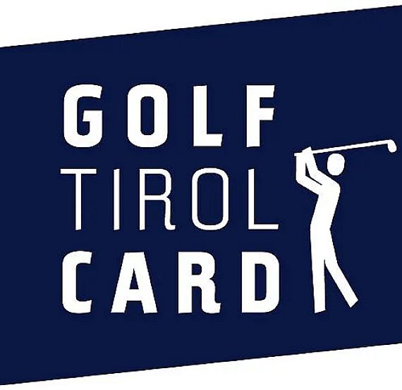 Logo der Golf Tirol Card mit stilisierter Golferfigur vor dunkelblauem Hintergrund. Der Text ist in weißen Großbuchstaben gehalten.