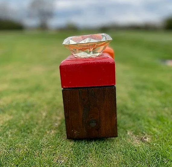 A clear diamond sits atop a red and wooden block on grass, in an outdoor setting with blurred background.