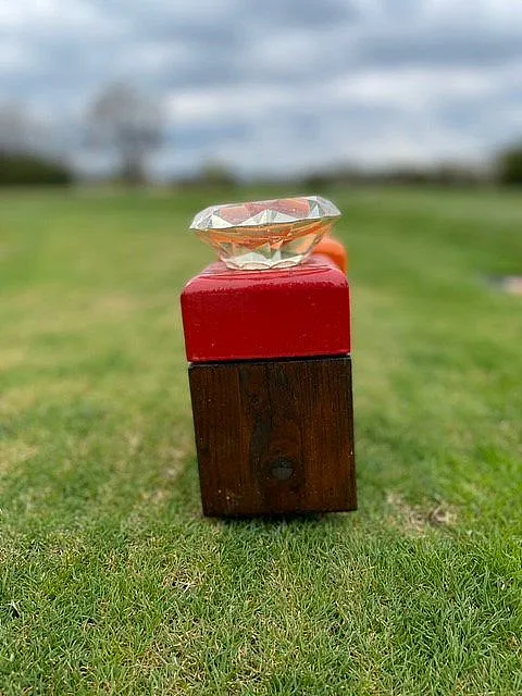 A clear diamond sits atop a red and wooden block on grass, in an outdoor setting with blurred background.